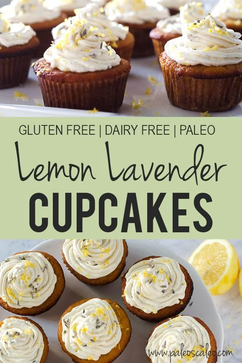 Paleo Lavender Recipes, Gluten Free Lavender Recipes, Lemon Lavender Cupcakes, Lemon Gluten Free, Lavender Icing, Gluten Free Lemon Cupcakes, Gluten Free Cupcake, Gluten Free Lemon Cake, Lavender Cupcakes