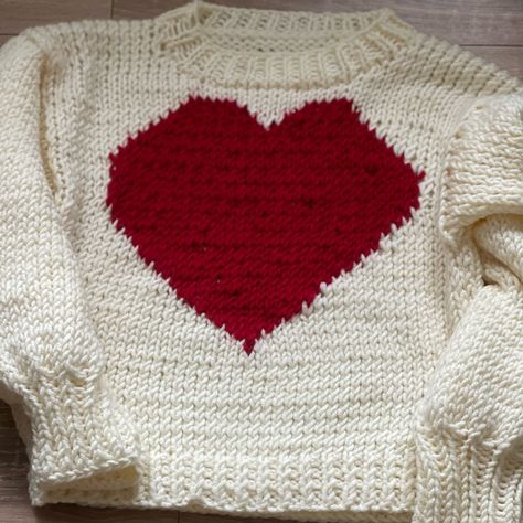 Knitted Heart Sweater, Heart Sweater Knitting Pattern, Heart Sweater Crochet, Crochet Heart Sweater, Red Heart Sweater, Crochet A Heart, Valentine Crochet, Heart Jumper, Baby Frock Pattern