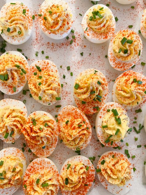 Classic Deviled Eggs Deviled Eggs Aesthetic, Classic Deviled Eggs, Egg Party, Devilled Eggs, Cooking Hard Boiled Eggs, Deviled Eggs Classic, Tiny Food, Fresh Chives, Hard Boiled Eggs