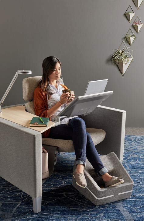 People need more than chairs alone to get their work done. They need supportive surfaces for their devices and power for those devices. Meet the Brody WorkLounge. Smart Office Furniture Technology, Office Chair Comfortable, Work Chair Design, Multifunctional Office Furniture, Work From Home Chair, Working Space In Living Room, Home Office For Two People, Desk Couch, Comfortable Office Chairs