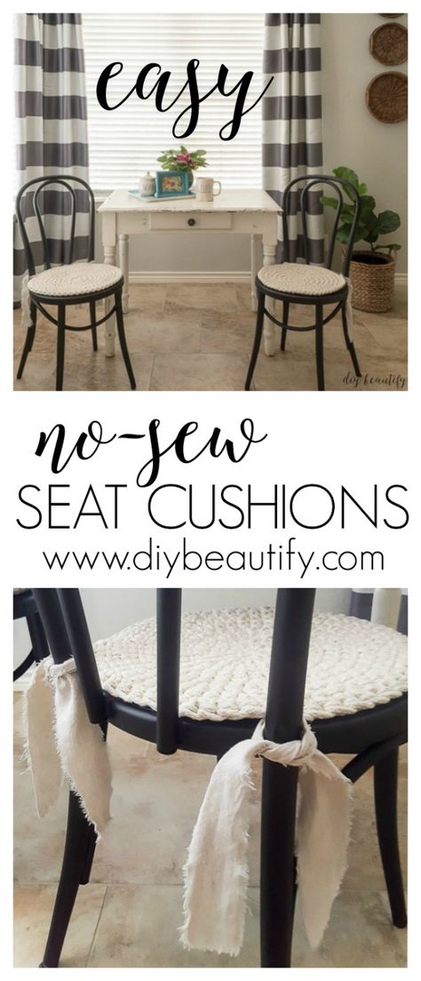 These round seat cushions are completely no sew, and took minutes to make! See how at diy beautify! Seat Cushions Diy, Diy Chair Cushions, Round Seating, Kitchen Chair Pads, Round Chair Cushions, Round Seat Cushions, Dining Chair Pads, Dining Room Chair Cushions, Dining Table Cloth