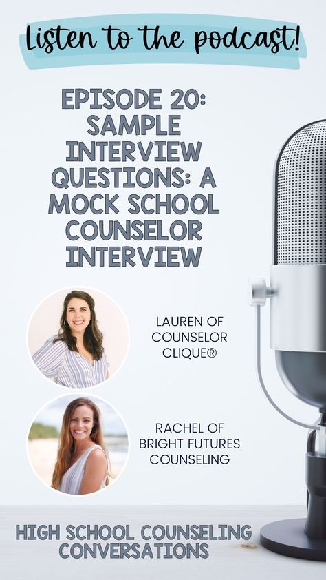 Rachel (from Bright Futures Counseling) and I spend this episode giving our answers to a ton of sample interview questions from the ASCA website. Her answers come from an elementary and middle school lens whereas mine come from a high school point of view. If you’re looking to switch levels of school counseling or you’re entering the job force as a school counselor for the first time, you’ll definitely find these sample interview questions and answers helpful! School Counselor Organization, Sample Interview Questions, Middle School Counselor, School Counselor Resources, School Counsellor, Job Interview Advice, High School Counselor, High School Counseling, Middle School Counseling