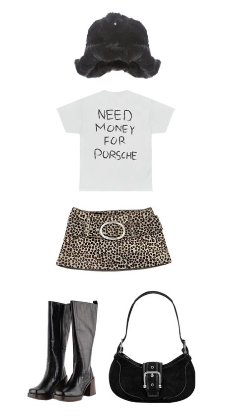 Cheetah mini skirt, white graphic tee, black and white, black boots, fluffy hat, autumn fall 2024 outfit Fluffy Hat, Mini Skirt Outfit, Mini Skirt White, Fluffy Skirt, White Graphic Tee, Miniskirt Outfits, Need Money, Skirt White, Skirt Outfit