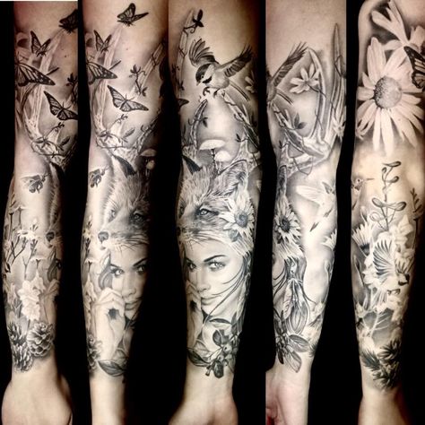 Mother Nature - I could never do a sleeve, but this is stunning. Nature Tattoos Sleeve, Nature Sleeve Tattoo, Mother Nature Tattoo, Nature Sleeve, Earthy Tattoos, Mother Nature Tattoos, Nature Tattoo Sleeve, Christian Sleeve Tattoo, Tattoos Sleeve