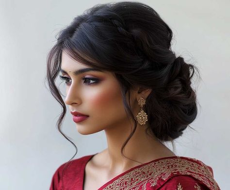 6+ Modern Saree Hairstyles for Medium Hair to Try This Season • 333+ Inspiring Lifestyle Ideas Messy Bun With Saree, Bun For Saree Look, Low Bun Hairstyles Indian, Hairstyles For Traditional Saree, Traditional Saree Hairstyles Indian, Bun Hairstyles Indian Wedding, Traditional Bun Hairstyles For Saree, Bun For Saree, Bun Hairstyles For Saree