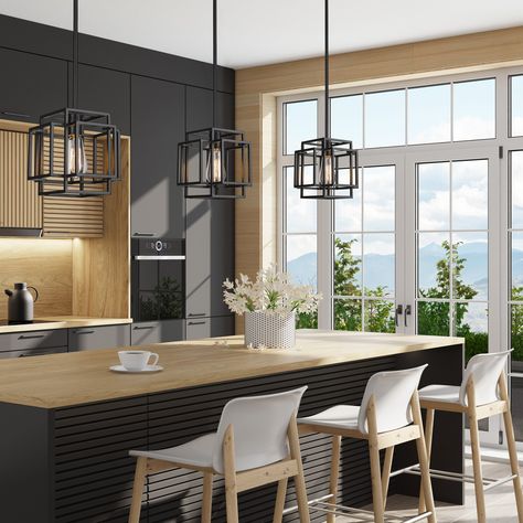 17 Stories Titania 1 Light Mini Pendant | Wayfair Black Kitchen Island Pendant Lights, Upstairs Design, Counter Lighting, Chandelier Luxury, Kitchen Island With Sink, Led Kitchen, Golden Crystal, Condo Kitchen, Kitchen Pendant