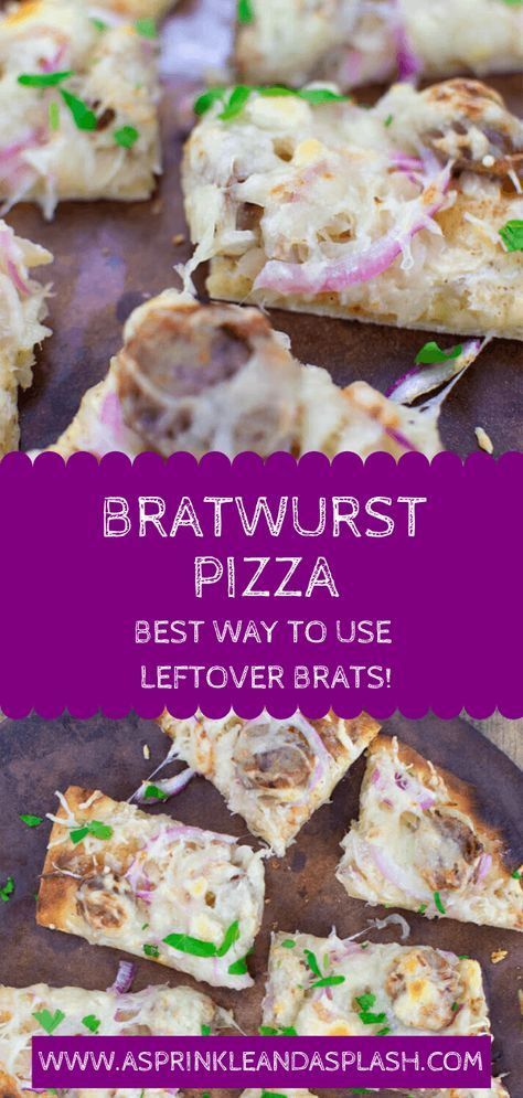 Quick Bratwurst Pizza is a super quick and yummy way to use up those leftover brats. Made in a flash with naan bread, a creamy mustard sauce, sauerkraut, red onions, sliced leftover brats and Swiss cheese! Ready in 15 minutes! #asprinkleandasplash #bratwurstpizza #leftoverbratrecipes #leftoverbratwurst #bratsandsauerkraut #pizzawithbrats #quickdinnerrecipes #easydinnerrecipes #fastdinnerrecipes #easypizzarecipes Pizza Mustard Sauce, Brat Leftover Recipes, Leftover Brats Recipes Healthy, Leftover Bratwurst Recipes, Leftover Brats Recipes, Brat Pizza, Leftover Bratwurst, Leftover Brats, Bratwurst Pizza