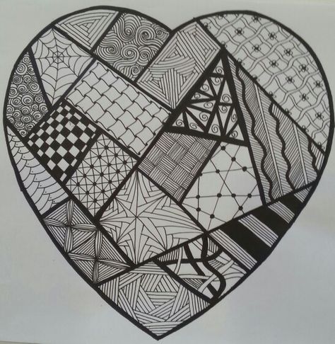 Heart Zentangle Patterns, Zentagle Drawing, Zentangle Heart, Valentine Hearts Art, Patterns Drawing, Coloring Canvas, Pattern Sketch, Zen Doodle Patterns, Easy Mandala Drawing