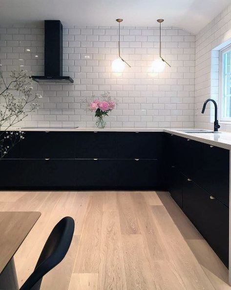 (paid link) Explore "black and white wood kitchen". Black Kitchen Cabinet, Black Kitchen Design, Black Kitchen Decor, Kitchen Cabinet Ideas, Cabinet Designs, White Subway Tile Backsplash, Black Kitchen Cabinets, Subway Tile Backsplash, White Subway Tile