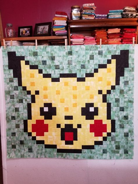 Pikachu quilt Pokemon Quilt, Pixel Quilt Pattern, Pixel Quilt, Kids Quilts, Quilts Ideas, Sewing For Kids, Quilt Ideas, Quilt Pattern, Quilt Sewing