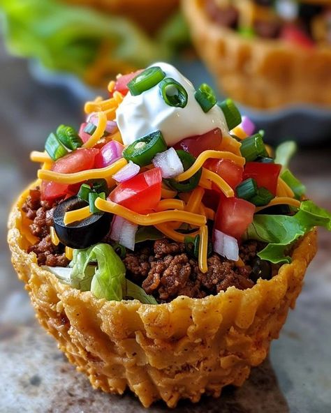 Taco Cupcakes With Tortillas, Taco Cupcakes With Cornbread, Cupcake Tacos, Super Bowl Treats, Potato Chips Homemade, Church Potluck Recipes, Taco Appetizers, Taco Cupcakes, Taco Salad Bowls