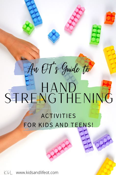 Learn about activities to increase hand and finger strength for skill development to promote independence in daily activities for kids and teens! Kindergarten Hand Strengthening, Isolating Index Finger Activities, Pinch Strength Activities, Activities For Hand Strengthening, Self Feeding Activities Occupational Therapy, Pediatric Occupational Therapy Hand Strengthening, Dysgraphia Activities Occupational Therapy, Hand Strengthening For Handwriting, Hand And Finger Strength Activities