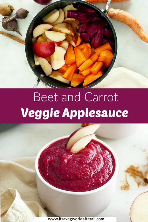 Unsweetened Applesauce with Veggies - this beautiful applesauce has extra fiber and nutrition from beets and carrots and no added sugar! It's a healthy, homemade treat for babies, toddlers, and adults. #applesauce #nosugaradded Homemade Applesauce With Veggies, Applesauce With Veggies, Applesauce Recipes For Baby, Blw Beets, Beets For Babies, Beet Applesauce, Veggie Applesauce, Beets And Carrots, Carrots Recipe