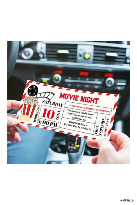 Movie Night Party Invitations, Movie Theatre Birthday Party, Vintage Movie Night, Backyard Movie Night Party, Movie Night Tickets, Birthday Movie Night, Birthday Popcorn, Movie Theme Birthday Party, Movie Night Birthday