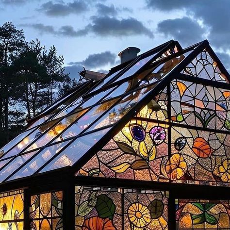 All Glass Greenhouse, Greenhouse In Home, Greenhouse Stained Glass Windows, Stained Glass Houses, Stained Glass Greenhouse, Colorful Greenhouse, Swamp Magic, Contemporary Greenhouses, Charming Interior