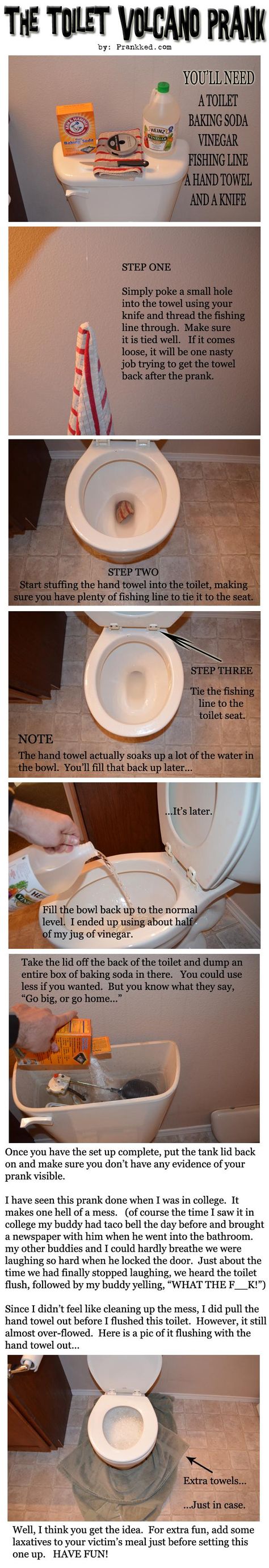 The Toilet Volcano Prank Funniest Texts, Evil Pranks, Pranks To Pull, Prank Ideas, April Fool's Prank, Texts Funny, Senior Pranks, April Fools Pranks, April Fools Joke