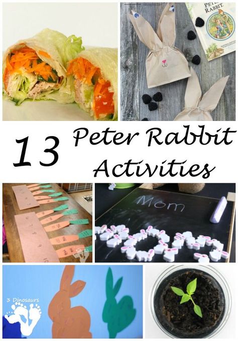 13 Peter Rabbit Activities - Virtual Book Club Activities - abc, name activities, numbers, science, cooking, sensory, color, and fine motor - 3Dinosaurs.com Peter Rabbit Activities, Rabbit Activities, Easter Science Experiments, Peter Rabbit Story, Easter Science, Bunny Activities, Passover Crafts, Book Club Activities, Peter Rabbit Books