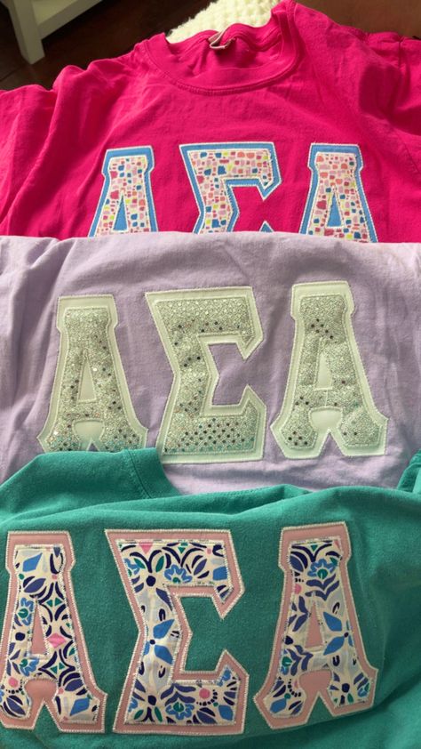 Letter Shirts Sorority, Diy Sorority Shirts, Sorority Letter Shirts, Diy Merch, Sorority Shirts Letters, Gamma Sigma Sigma, Big Little Basket, Recipe Aesthetic, Tri Sigma