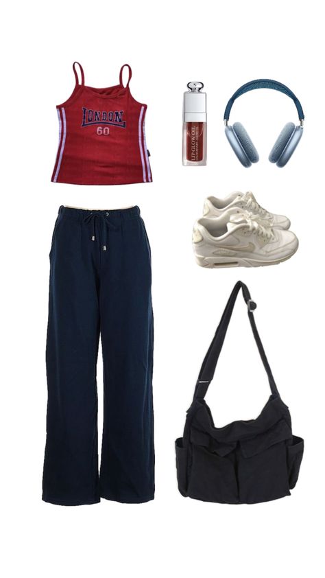 dark blue sweatpants wide leg , red tank top , new york , nyc , white sneakers, outfit aesthetic Sneakers Outfit Aesthetic, Dark Blue Sweatpants, Sweatpants Wide Leg, White Sneakers Outfit, Blue Sweatpants, Red Tank Top, Style Dark, Red Tank, Red Tank Tops