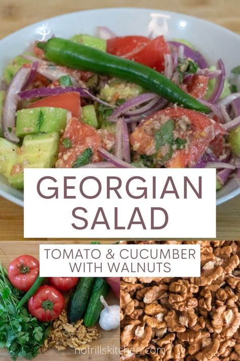 Looking for a fresh and unique salad recipe? Check out this Georgian tomato and cucumber salad with a walnut dressing! Unique Salad Recipes, Walnut Dressing, Unique Salad, Georgian Cuisine, Georgian Food, Walnut Recipes, Cucumber Tomato Salad, Sandwich Fillings, Walnut Salad