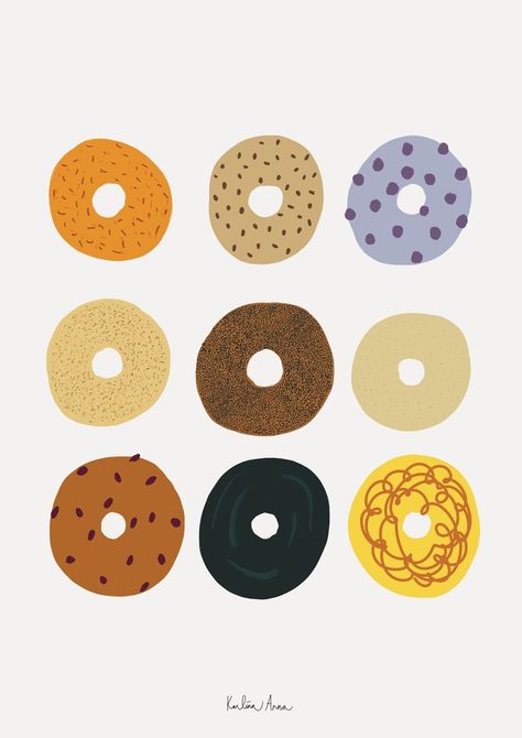 Everything Bagel Illustration, Donut Illustration Design, Modern Food Illustration, Bagel Graphic Design, Bagel Wallpaper, Bagel Doodle, Baking Art Illustration, Bagel Poster, Bagel Logo