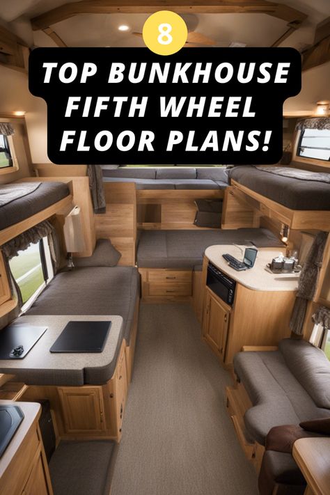 Planning the ultimate family RV adventure but can't decide on the perfect layout? 🚐✨ Discover 8 amazing fifth wheel floor plans with bunkhouses that promise comfort and fun for the whole family! From spacious kitchens to cozy nooks, find your dream setup. What does your ideal family RV look like? Share in the comments! Click to explore and start planning your next getaway.  #rvlife #rvliving #camper Small Rv Floor Plans, Family Rv Layout, Rv Bunk House Remodel, Camper Floor Plans, Rv Living Organization, Camper Renovations, Camper Flooring, Dream Setup, Rv Floor Plans