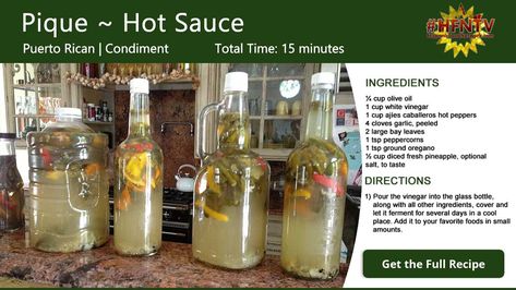 Puerto Rican Pique ~ Hot Sauce Recipe Card Puerto Rican Pique Recipe, Pique Recipe, Seasoned Vinegar, Authentic Salsa Verde Recipe, Bistec Recipe, Puerto Rican Hot Sauce, Yellow Rice Recipes, Hot Sauce Recipe, Salsa Verde Recipe