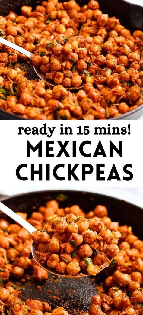 Mexican Chickpeas is an all-purpose recipe for filling tacos, topping salads, wrapping in lettuce, layering over nachos or making a vegetarian burrito bowl. Reader-beloved recipe - ready in under 15 minutes! Chickpea Burrito Recipes, Chickpea Burrito Bowl, Chickpea Taco Salad, Chickpea Taco Bowl, Chic Pea Tacos, Meatless Taco Bowl, Mexican Chickpea Salad, Mexican Chickpea Recipes, Chick Peas And Rice Recipes