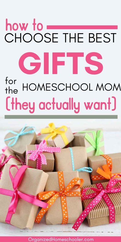 how to choose the best gifts for the homeschool mom (they actually want) written above a pile of gifts wrapped in brown craft paper and tied with brightly colored pink, orange, blue, gree, and yellow ribbon Gifts For Homeschool Moms, Back To Homeschool, Teacher Appreciation Gift Ideas, Homeschool Coop, Homeschool Gifts, Appreciation Gift Ideas, Easy Teacher Gifts, Stationary Ideas, Crunchy Moms