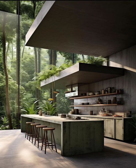 Kitchen With A View, Forest Kitchen, Black Interior Design, Futuristic Home, Concrete Home, Concrete House, Home Building Design, Architect House, Cabin Homes