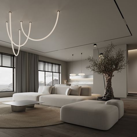 Modern High Ceiling Living Room, Minimal House Design Interior, Living Room Light Ideas, Living Room Grey Floor, Big Living Room Ideas, Minimal Modern Living Room, Lighting In Living Room, Lighting Ideas Living Room, Minimal Kitchen Design