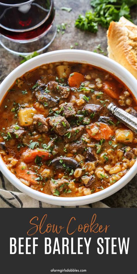 Slow Cooker Beef Barley Stew - A hearty, flavorful soup with tender beef and vegetables, plus plump barley. An easy crockpot recipe that's comfort in a bowl. Watch the video! #beefbarleystew #beefbarleysoup #crockpot #slowcooker #beef #soup #stew #barley Beef Barley Stew, Stew Easy, Barley Stew, Beef And Vegetables, Crockpot Recipes Beef Stew, Crockpot Stew, Slow Cooker Recipes Beef, Beef Barley, Beef Barley Soup