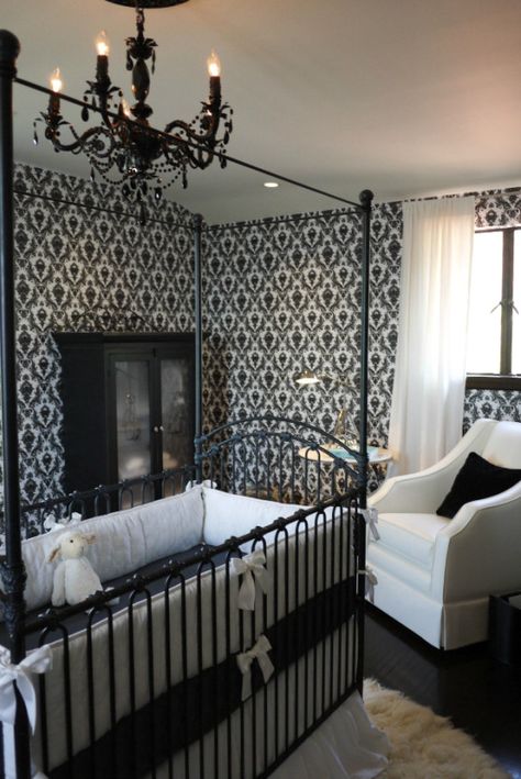 Gorgeous nursery for Mario Lopez' son by @Bratt Decor - #blackandwhite Gothic Nursery, Unisex Baby Room, Dark Nursery, Black Nursery, Gothic Baby, Goth Baby, Room Blue, Nursery Modern, Nursery Room Inspiration