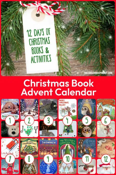 12 Days of Christmas Book Advent Calendar with Activities for Kids - The Educators' Spin On It 25 Days Of Books For Christmas, Book Themed Advent Calendar, Advent Book Countdown, Easy Christmas Activities, Christmas Book Advent Calendar, Book Advent Calendar Kids, Book Advent Calendar, Christmas Count Down For Kids Advent Calendar, Christmas Learning Activities