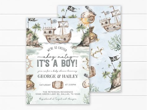 Editable Pirate Baby Shower Invitation Template, Ahoy It's a Boy Baby Shower Invite, Summer Nautical Baby Shower Invitation #2120 by PerfectPrintableCo on Etsy Nautical Baby Shower Boy Invitations, Pirate Baby, Pirate Invitations, Nautical Baby Shower Invitations, Ahoy Its A Boy, Baby Shower Invitation Template, Nautical Baby Shower, Nautical Baby, Kids Stationery