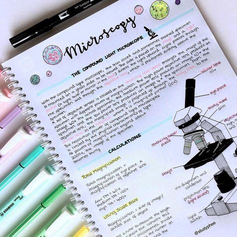 microscopy study notes with super cute diagram  ★·.·´¯`·.·★ follow @motivation2study for daily inspiration Notes Inspo, Notes Study, College Notes, Aesthetic Notes, Bullet Journal Notes, Revision Notes, School Organization Notes, Science Notes, Biology Notes