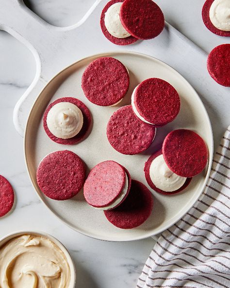 Red Velvet Sandwich Cookies | Redpath Sugar Red Velvet Sugar Cookies Cut Out, Eggless Red Velvet Cookies, Beet Cookies, Red Velvet Cookie Sandwich, Large Red Velvet Cookies, Chunky Red Velvet Cookies, Red Velvet Sandwich Cookies, Cookie Sandwich, Cookies Decoradas