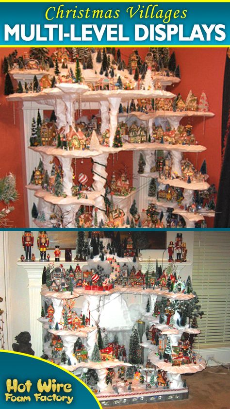 Chris Brownlee has made several beautiful multi-level Christmas village displays out of foam that are featured on our gallery. The two here feature iceical themes. #christmasvillage #villagedisplay #department56 #christmasdecor #christmasseason Vertical Christmas Village Display, Diy Styrofoam Christmas Village Display, Christmas Village Display Styrofoam, Christmas Village Displays, Christmas Village Into Halloween Village, Department 56 Displays, Lemax Christmas Village Display American Sale, Village Display Platform, Diy Christmas Village Displays