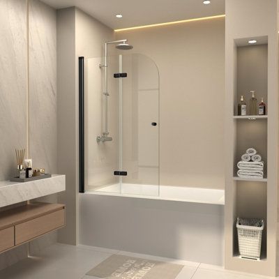 35" wide 55" inch heigh Folding Clear Tempered Glass Brushed Nickel Sliding Shower Doors Walk in Shower Doors Tub Doors Single Sliding Shower Doors Bathtub Door Frameless Hinged Shower Door Easy Clean Frame Finish: Black | CKB 35" - W x 55" H Pivot Door Frameless Tempered Glass Tub Door w / Easy Clean Coating Tempered Glass, Size 55.0 H x 35.0 W in | Wayfair Bathroom Alcove Ideas, Bathtub With Glass Door, Walk In Shower Doors, Glass Bathtub, Frameless Hinged Shower Door, Bathtub Shower Combo, Shower Over Bath, Bathroom Decor Luxury, Bathtub Doors