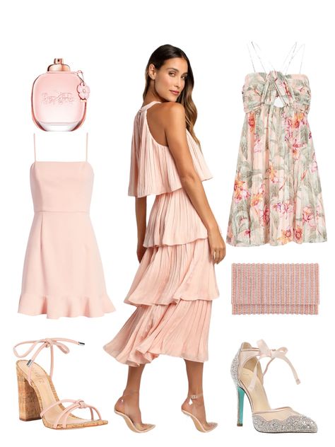 Romantic style 
Preppy styles
Wedding guest dresses 
Cocktail outfit Blush Outfit Ideas, Blush Colored Dress, Blush Outfit, Pink Dress Outfits, Outfit Ideas For Spring, Blush Pink Dress, Ruffle Dresses, Pale Pink Dress, Blush Pink Dresses