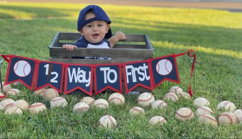 Baseball Photoshoot, 6 Month Photo Shoot, 6 Month Baby Picture Ideas Boy, Half Birthday Party, 6 Month Baby Picture Ideas, 2nd Birthday Photos, Baseball Theme Birthday, Baseball First Birthday, Month Pictures