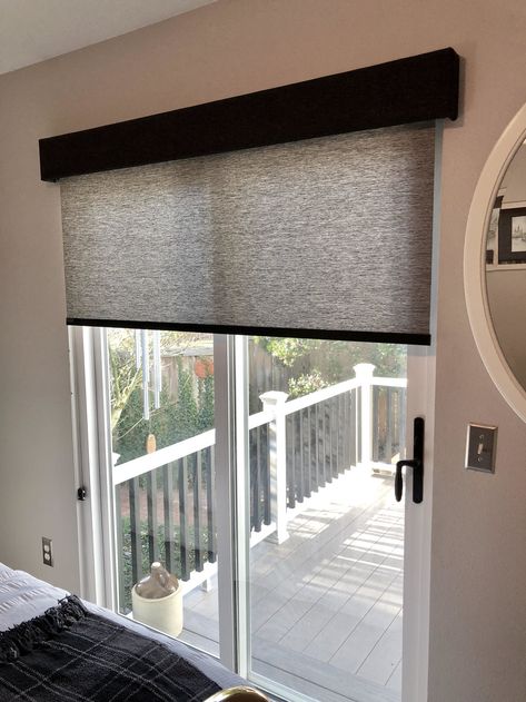 A beautiful black roller shade we recently installed! Blinds On Glass Sliding Doors, Window Treatments For Sliding Doors Patio, Patio Door Window Blinds, Patio Sliding Doors Window Treatments, Roller Blind For Door, Shades For Slider Doors, Window Well Window Treatments, Sliding Window Bedroom, Sliding Door Window Treatments Farmhouse