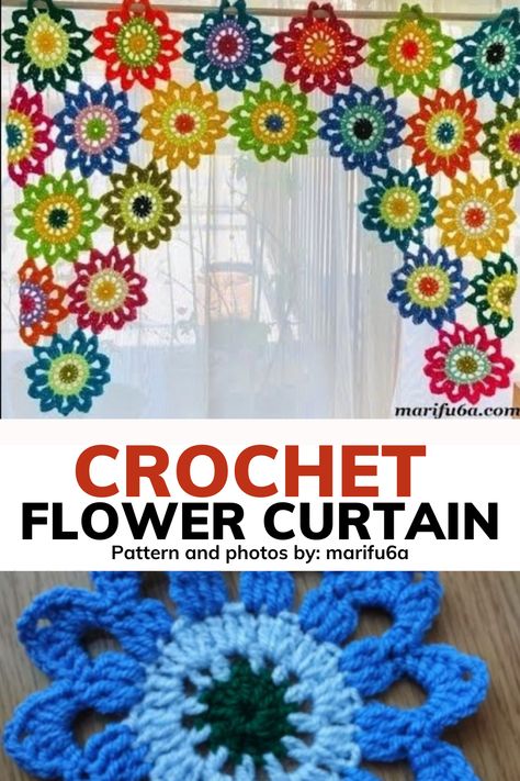 This scrap yarn crochet project is perfect for beginners! Learn how to make a beautiful crochet flower curtain that will bring life and color to any room. With easy-to-follow instructions and plenty of pictures, you'll have a stunning curtain in no time! Whether you're a novice or an expert knitter, this project is sure to be a hit. So grab your needles and get ready to create something special with scrap yarn! Crochet Flower Curtain, Scrap Yarn Crochet Projects, Yarn Crochet Projects, Easy Crochet Flower, Crochet Topper, Crochet Curtain Pattern, Scrap Yarn Crochet, Crochet Applique Patterns Free, Flower Step By Step