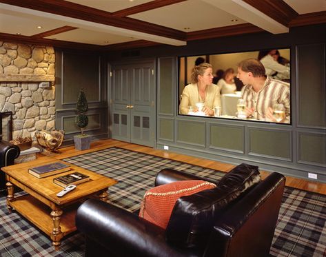 Media Room Ideas, Transitional Open Concept, Home Theater Ideas, Tartan Carpet, Design Center Showroom, Plaid Area Rug, Upholstered Wall Panels, Basement Inspiration, Plaid Rug