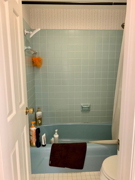 Blue Tile Retro Bathroom, Over Shower Bath, Updating Vintage Tile Bathrooms, Bathroom With Blue Bathtub, Vintage Green Tile Bathroom Update, Blue Bathroom Suite Retro, Bathroom Interior Design Vintage, French Bathroom Decor Ideas, 1970s Blue Tile Bathroom