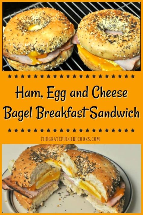 You'll love this hearty, delicious and filling bagel breakfast sandwich, with egg, ham and cheese, which can be ready in under 10 minutes! / The Grateful Girl Cooks! Breakfast Beagle Ideas, Breakfast Sandwich Bagel, Bagel Fillings Ideas Breakfast, Ham And Cheese Bagel Sandwich, Ham Egg And Cheese Bagel Sandwich, Bagel Fillings Ideas, Bagel Egg Sandwich, Bodybuilding Snacks, Egg Bagel Sandwich