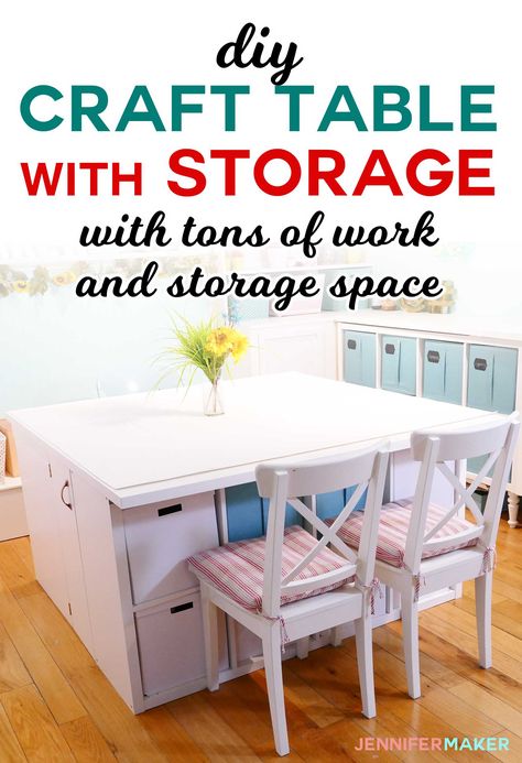 DIY Craft Table with Storage for Under $300 #organization #craftroom #ikeahack Craft Room Tables Storage Cabinets, Ikea Hack Table With Storage, Diy Craft Table With Storage, Cookie Room, Craft Table With Storage, Workroom Ideas, Craft Table Ikea, Scrapbooking Rooms, Ikea Desks