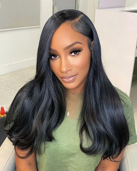 Silk Press Natural Hair, Sew In Hairstyles, Jet Black Hair, Indian Remy Hair, Hair Laid, Front Lace Wigs Human Hair, Baddie Hairstyles, Sew In, Aesthetic Hair