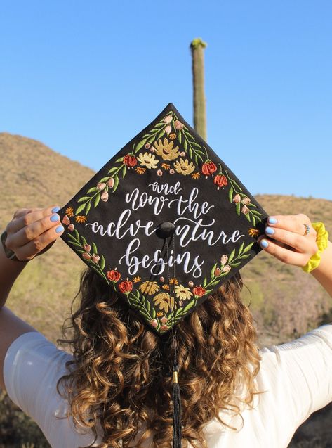 "**Please note that only the wording is customizable with this listing. If you are wanting the colors changed, different elements, different flowers, or anything else that changes the design please contact the shop before purchasing.** Our gorgeous Machine embroidered Grad Caps is a perfect way to top off your BIG DAY!   Each design is hand-drawn then digitized and lovingly embroidered to create your special unique cap.   We use quality fabrics and treads to ensure that your cap will remain a wo Grad Cap Decoration, Nurse Graduation Cap, Gift Embroidery, Diy Graduation Cap, Grad Caps, Cap Decoration, Graduation Portraits, Graduation Cap Toppers, Graduation Cap Designs