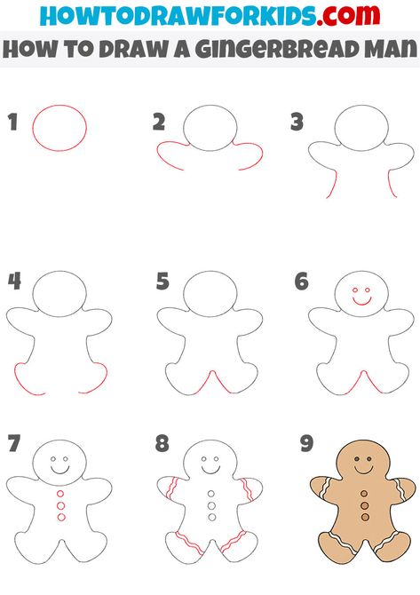 Easy Gingerbread Drawing, Diy Christmas Cards Gingerbread Man, Gingerbread Man Drawing Easy, How To Paint A Gingerbread Man, Christmas Drawing Ideas Step By Step, Christmas Gingerbread Drawing, How To Draw Gingerbread Man, Step By Step Drawing Christmas, How To Draw A Gingerbread Man